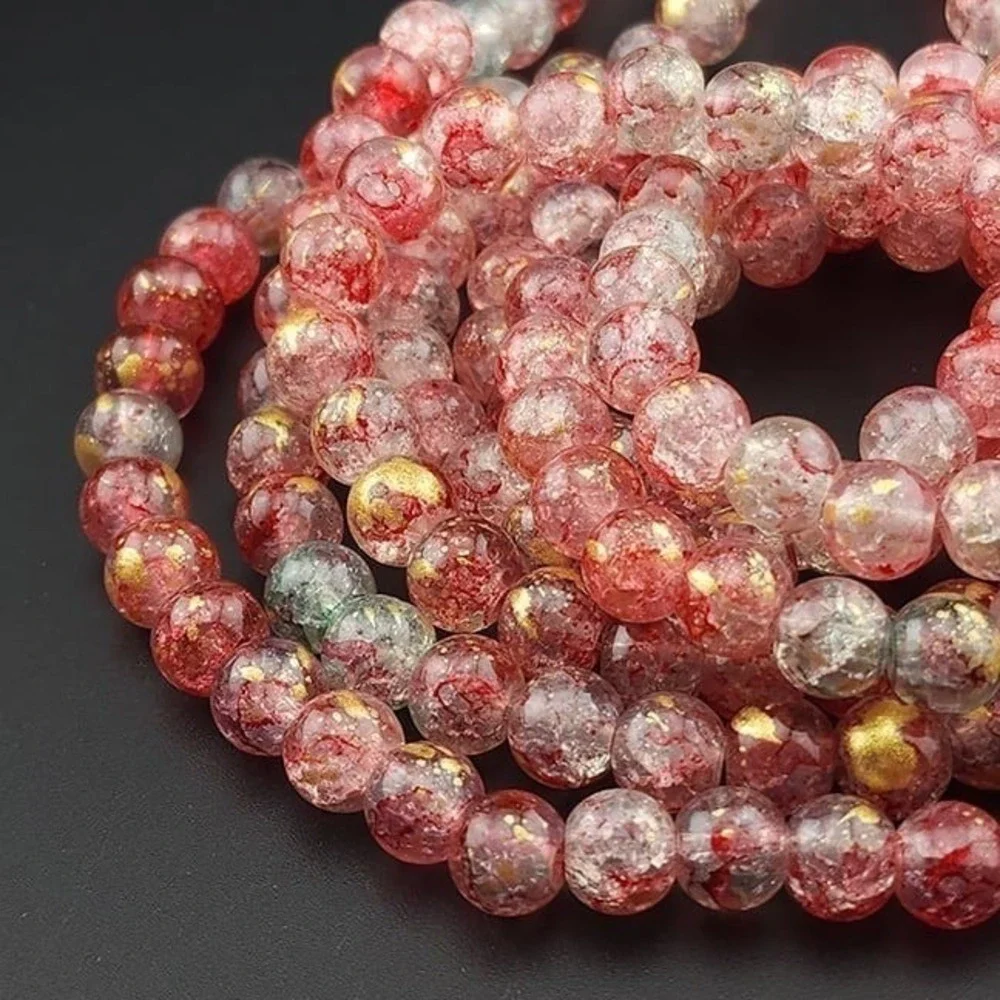 50pcs 8MM Crackle Glass Beads, Red Mix with Gold‎ Accents